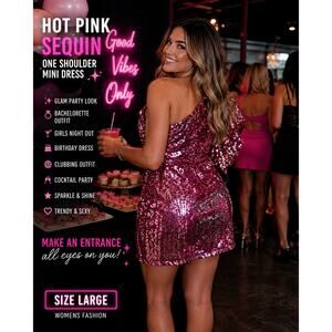 Profile Hot Pink Sequin One Shoulder Mini Dress Large Y2K Party Clubwear